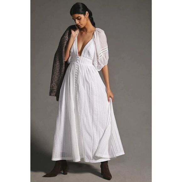 Joslin Anthropologie White Julianna Cotton Maxi Dress 4 Puff Sleeves Open Back - Picture 4 of 13